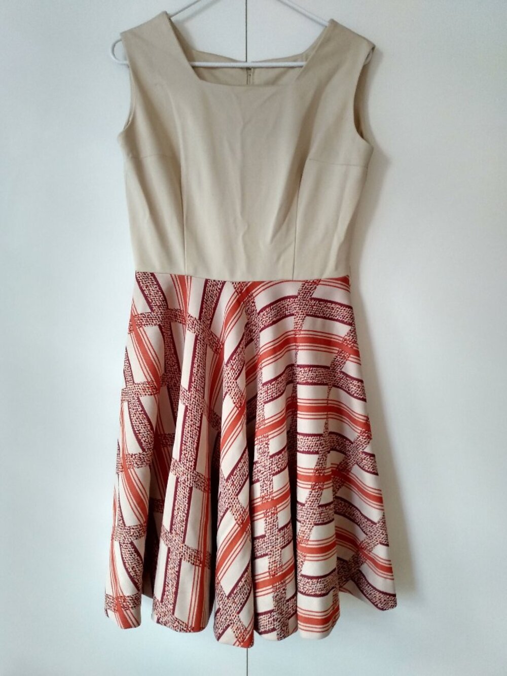 Vintage Dress 37" Bust Sleeveless Plaid Beige Orange Brown Full Circle Skirt
